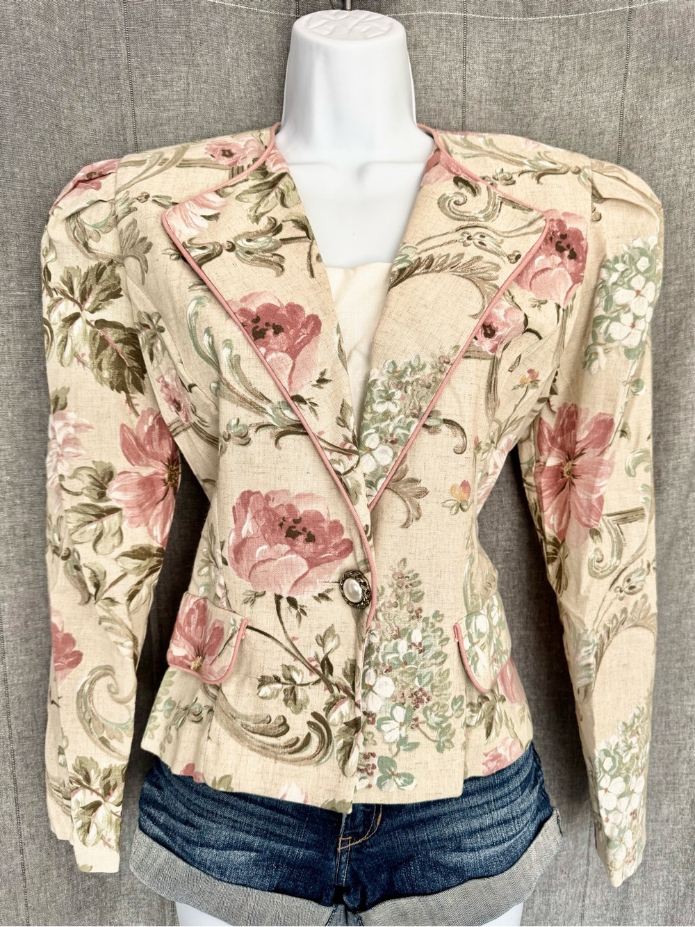 CottageCore 90’s Pink Victorian Roses Jacket 8 Flax Blend Puff Shoulder Pads